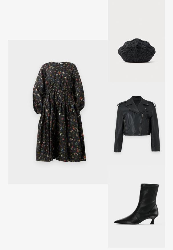 Sort kort læder bikerjakke med asymmetrisk lynlås, reverskrave, lynlåslommer, skulderferskner og lynlåse ved ærmekanter.; Sort blomsterkjole med lange ærmer, indsnævret talje og lagdelt nederdel. Har et farverigt blomsterprint og en glat stoftekstur.; Sort læderstøvle til midt på læggen med spids tå og lav kittenhæl, vist fra siden på en ensartet lys baggrund.; Sort flet håndtaske formet som en muslingeskal med en buet top og flettet tekstur på en ensfarvet baggrund.