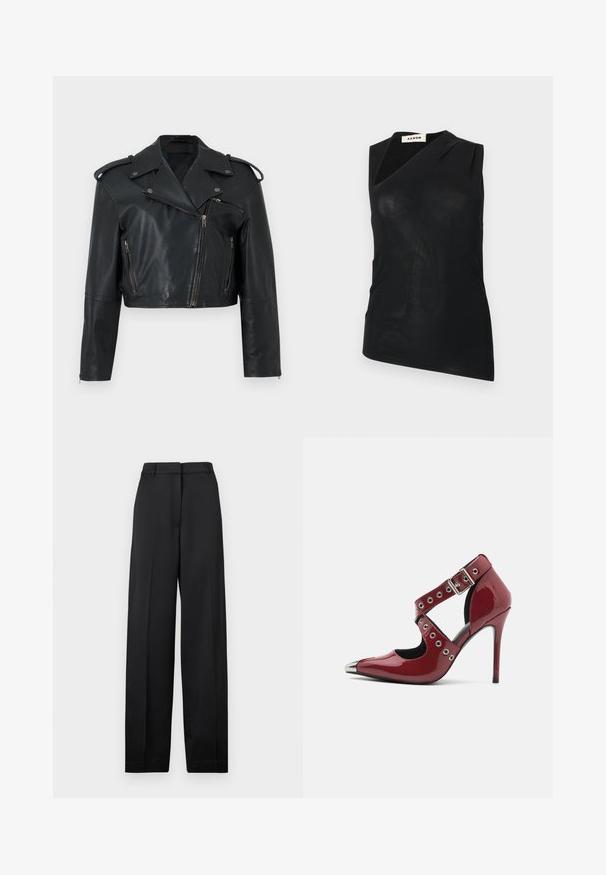 Chaqueta biker de cuero negro recortada con cremallera asimétrica, cuello de solapa, bolsillos con cremallera, hombreras y puños de manga con cremallera.; Top negro sin mangas con escote asimétrico y ligero drapeado, etiquetado como "AERON", mostrado sobre un fondo blanco liso.; Pantalones negros de talle alto y pernera ancha, con trabillas para cinturón, cremallera frontal y una raya planchada en el centro de cada pierna.; Zapato de tacón alto de charol rojo con diseño cortado, ojales circulares plateados y punta afilada, que cuenta con un acento metálico en la punta.