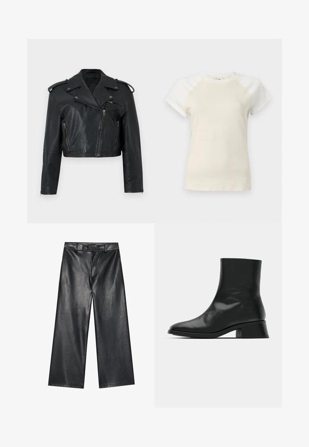 Chaqueta biker de cuero negro recortada con cremallera asimétrica, cuello de solapa, bolsillos con cremallera, hombreras y puños de manga con cremallera.; Camiseta cremosa de manga corta con mangas raglán en color blanco hueso y cuello redondo sobre un fondo liso.; Pantalones de cuero negro de pernera ancha con una textura suave, lazos para cinturón y cremallera frontal. Presenta un ajuste holgado y detalles de costura limpios.; Botín negro de tobillo hecho de cuero brillante, con un diseño elegante, punta afilada y un tacón bloque moderado para mayor estabilidad.