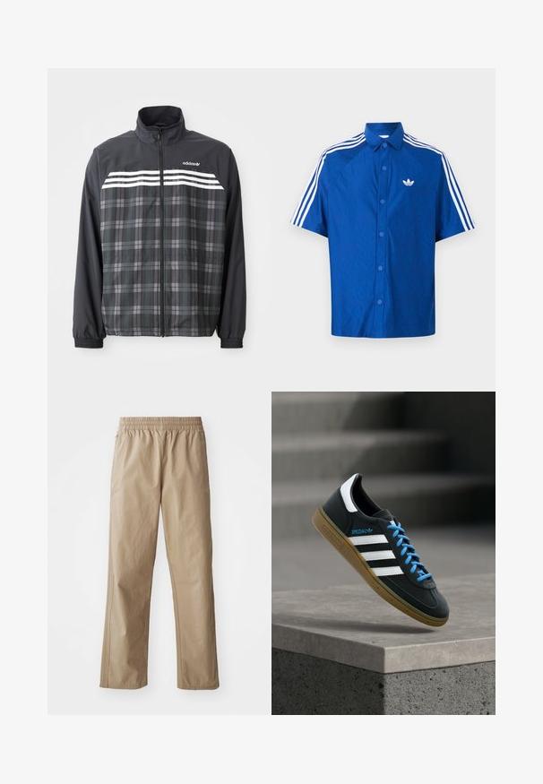 Čierno-sivá károvaná bunda na zips s bielymi pruhmi Adidas a logom na hrudi, elastickými manžetami a stojacím golierom.; Modrá košeľa s krátkym rukávom a gombíkmi, na hrudi biely logo Adidas a tri biele pásy vedúce pozdĺž ramien a rukávov.; Béžové ľahké nohavice s elastickým pásom, rovnými nohavicami a bočnými vreckami. Hladká textúra s jemnými švami.; Čierna teniska Adidas s bielymi pruhmi, modrými šnúrkami a gumovou podrážkou, ktorá sa vznáša nad sivým betónovým schodom v mäkkom svetle.