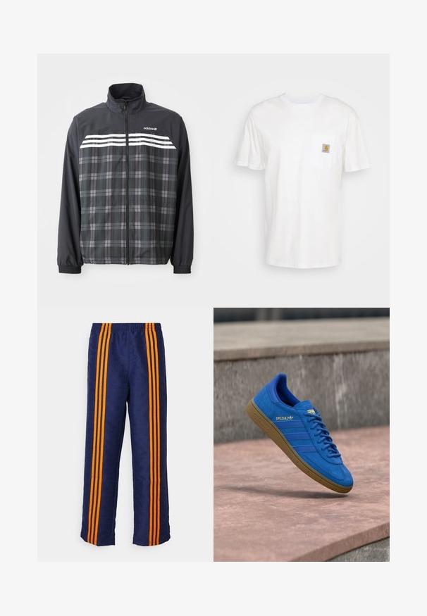 Čierno-sivá károvaná bunda na zips s bielymi pruhmi Adidas a logom na hrudi, elastickými manžetami a stojacím golierom.; Biele bavlnené tričko s krátkymi rukávmi, vreckom na hrudi a malou štvorcovou nášivkou v oranžovej a bielej farbe na vrecku.; Námornícke modré nohavice s celoplošnou vzorovanou textúrou a tromi výraznými oranžovými pruhmi na každej strane. Elastická pásová časť v hornej časti.; Modrá teniska Adidas Spezial s gumovou podrážkou, šnúrky zviazané, zavesená nad hladkým kamenným povrchom blízko sivej betónovej steny.