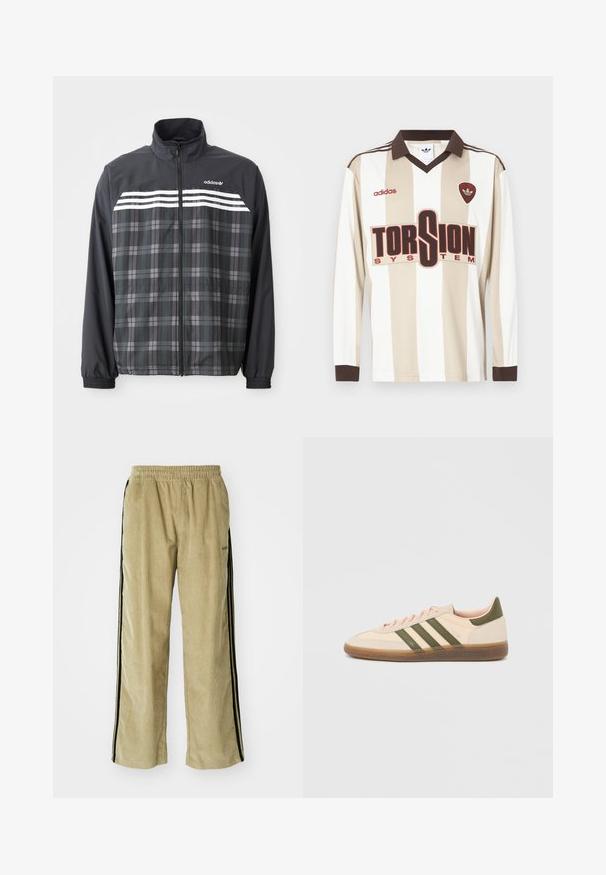 Čierno-sivá károvaná bunda na zips s bielymi pruhmi Adidas a logom na hrudi, elastickými manžetami a stojacím golierom.; Futbalový dres s dlhým rukávom v béžovej a bielej pruhovanej farbe; má hnedý golier a manžety, veľké červené logo "TORSION SYSTEM" a branding adidas.; Bežové kordové nohavice s elastickým pásom, s čiernymi bočnými pruhmi. Tkanina má ryhovanú textúru, na spodnej strane sú mierne rozšírené.; Nízky béžový tenisky Adidas Spezial so zelenými pruhmi, gumovou podrážkou a nápisom „SPEZIAL“ na boku, zobrazené z vonkajšej strany.
