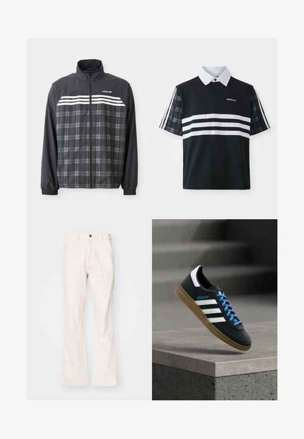 Veste à carreaux noirs et gris zippée avec des bandes blanches Adidas et un logo sur la poitrine, poignets élastiques et col montant.; Polo noir avec des rayures blanches et un logo ; présente des manches courtes à carreaux et un col blanc avec une patte de boutonnage.; Pantalons évasés crème avec des rayures rouges verticales, dotés d'une fermeture à bouton, de poches latérales et d'un tissu lisse.; Baskets Adidas noires avec des rayures blanches, des lacets bleus et une semelle en gomme flottant au-dessus d'une marche en béton grise sous une lumière douce.