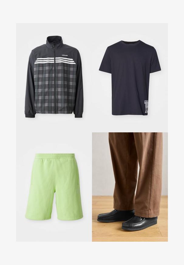 Mustast ja hallist ruuduline lukuga jakk, valgete Adidas triipude ja logoga rinnal, elastsete varrukaservade ja püsti oleva kraega.; Must have tume vaheline must puuvillane T-särk crew kaelusega, lühikeste varrukatega ja valge logo kleebisega alumisel küljel. Sile tekstuur, tavaline lõige.; Vaskrohelised lühikesed püksid, mis on valmistatud pehmest kangast, elastse vöökoha, külgtaskute ja väikese valge logosilmega all paremal küljel.; Mustad nahast kingad mokasiini disainiga ja tikanditega, millele on paigutatud pruunid püksid, puidust põrandal.