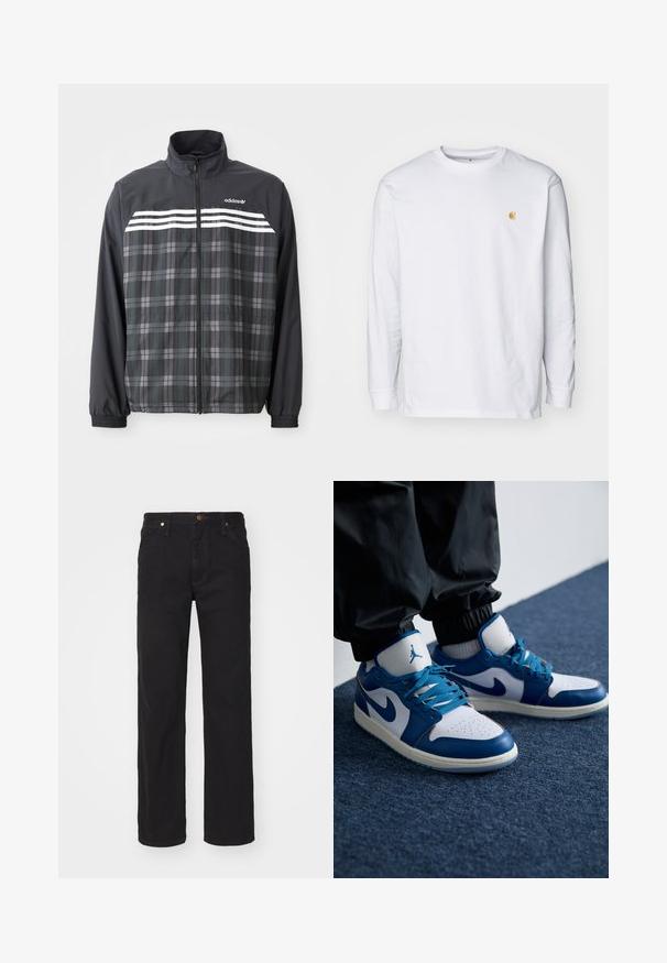Zwart-grijs geruite jas met rits, witte Adidas-strepen en logo op de borst, elastische manchetten en een opstaande kraag.; Witte lange mouwen t-shirt van katoen. Voorzien van een klein gouden logo op de borst en een ronde hals. Eenvoudig ontwerp en standaard pasvorm.; Zwarte rechte spijkerbroek met voorzakken, riemlussen en een knoopsluiting op een effen achtergrond.; Nike Air Jordan sneakers hebben een witte leren basis met blauwe synthetische accenten, een geperforeerde neusdoos en blauwe veters.