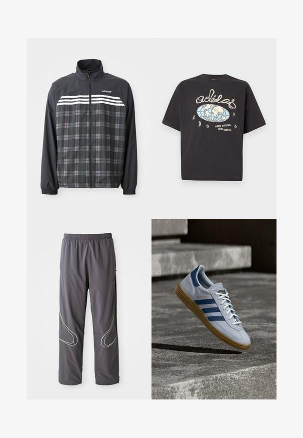 Zwart-grijs geruite jas met rits, witte Adidas-strepen en logo op de borst, elastische manchetten en een opstaande kraag.; Zwart Adidas T-shirt met een beige en blauw wereldbolgrafiek, handgeschreven Adidas-logo, sterren en de tekst "Three Stripes. One World."; Heren grijze sportbroeken met een elastische tailleband, ritssloten en reflecterende witte accenten aan de zijkanten. Lichtgewicht, zachte textuur.; Lichtblauwe Adidas Spezial sneaker met marineblauwe strepen en rubberen zool, getoond in de lucht boven betonnen trappen in een neutrale buitenomgeving.