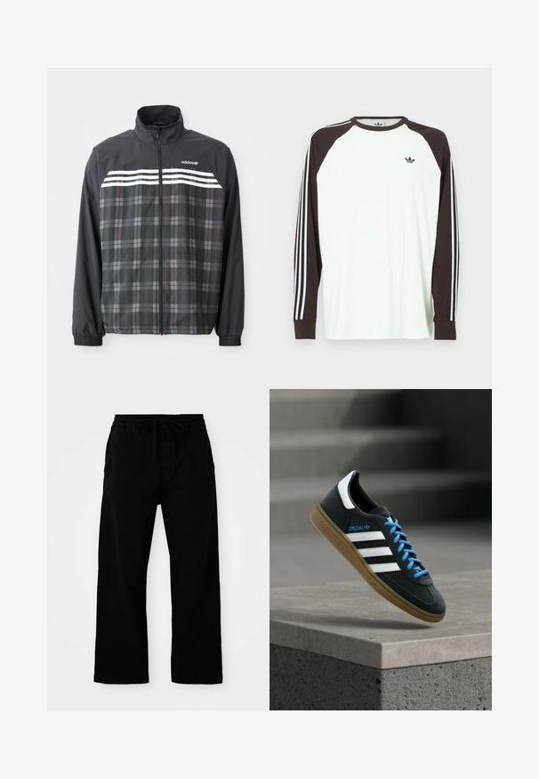 Sort og grå ternet jakke med lynlås, med hvide Adidas-striber og logo på brystet, elastiske manchetter og en opretstående krave.; Hvid langærmet skjorte med brune raglanærmer. Har blå og hvide stribede detaljer på ærmerne og et lille logo på brystet.; Sorte bukser med elastisk talje og justerbar snor, brede ben og en glat bomulds struktur. Ingen synlige mønstre eller hardware detaljer.; Sort Adidas sneaker med hvide striber, blå snørebånd og gummisål, der svæver over gråt betontrin i blødt lys.