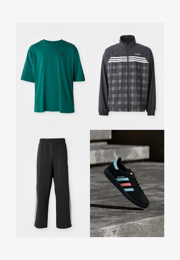 Čierno-sivá károvaná bunda na zips s bielymi pruhmi Adidas a logom na hrudi, elastickými manžetami a stojacím golierom.; Teal bavlnené tričko s krátkymi rukávmi, okrúhlym výstrihom a čiernymi bočnými pruhmi. Má malé čierne logo na hrudi.; Čierne teplákové nohavice s elastickým pásom, s bielymi bočnými pruhmi a voľným strihom. Vyrobené z mäkkej, elastickej tkaniny.; Čierna teniska Adidas Spezial s modrými a ružovými pruhmi, vznáša sa nad textúrovaným sivým betónovým povrchom so tieňom pod ňou.