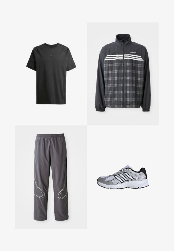 Čierno-sivá károvaná bunda na zips s bielymi pruhmi Adidas a logom na hrudi, elastickými manžetami a stojacím golierom.; Čierne bavlnené tričko s krátkymi raglánovými rukávmi, s jemne embosovaným logom na hrudi a hladkou textúrou po celom povrchu.; Pánske šedé športové nohavice s elastickým pásom, zipsovými vreckami a reflexnými bielymi akcentmi po stranách. Ľahký, hladký povrch.; Mriežkovaná športová obuv v bielej a striebornej farbe, s čiernymi detailmi, logom troch bielych pruhov, polstrovaným golierom a textúrovanou gumovou podrážkou.