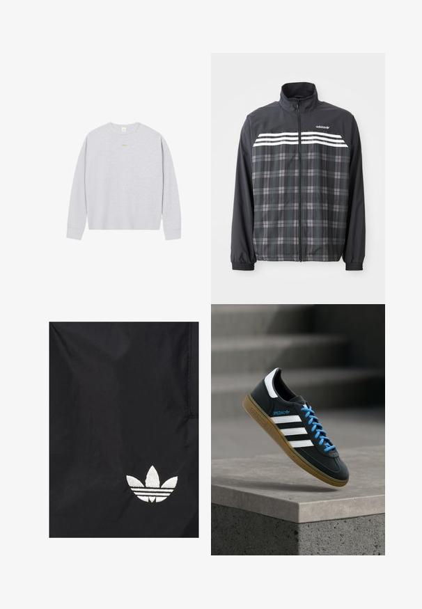 Veste à carreaux noirs et gris zippée avec des bandes blanches Adidas et un logo sur la poitrine, poignets élastiques et col montant.; Pull en laine grise clair à manches longues, en maille gaufrée, avec un petit logo orange centré sur la poitrine.; Tissu noir avec logo Adidas trèfle blanc brodé près du coin inférieur droit.; Baskets Adidas noires avec des rayures blanches, des lacets bleus et une semelle en gomme flottant au-dessus d'une marche en béton grise sous une lumière douce.