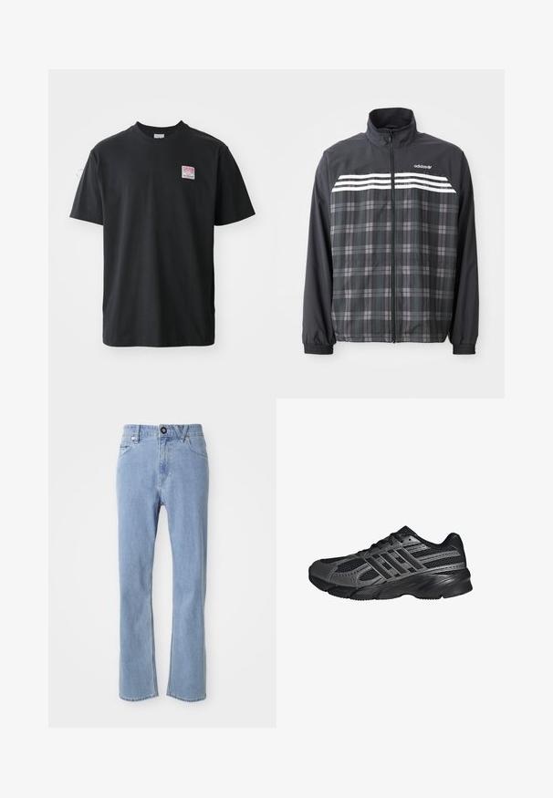 Čierno-sivá károvaná bunda na zips s bielymi pruhmi Adidas a logom na hrudi, elastickými manžetami a stojacím golierom.; Čierne bavlnené tričko s krátkymi rukávmi a okrúhlym výstrihom, s malou farebnou nálepkou na ľavej hrudi s nápisom "SUPERIOR."; Svetlomodré džínsy s rovnými nohavicami, päť vrecúškovým štýlom, s jedným gombíkom na uzatvorenie a jemným efektom blednutia.; Čierne športové topánky vyrobené z pletiva a syntetických materiálov, s textúrovaným povrchom, viacerými šedými pruhmi a polstrovaným golierom.