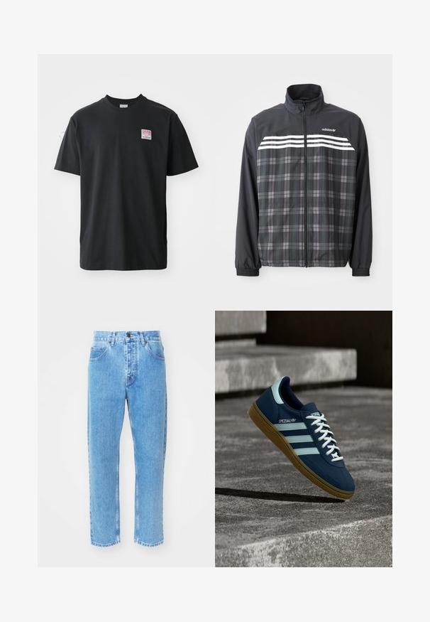 Zwart-grijs geruite jas met rits, witte Adidas-strepen en logo op de borst, elastische manchetten en een opstaande kraag.; Zwarte katoenen t-shirt met ronde hals, korte mouwen en een klein gekleurd label op de linkerkant van de borst met het woord "SUPERIOR."; Lichtblauwe denim jeans hebben een rechte pijpdesign, vijf zakken en een klassiek knoopsluiting bij de taille.; Blauwe Adidas Spezial sneaker met witte strepen en veters, gumzool, zwevend boven een ruwe betonnen oppervlakte en trappen op de achtergrond.