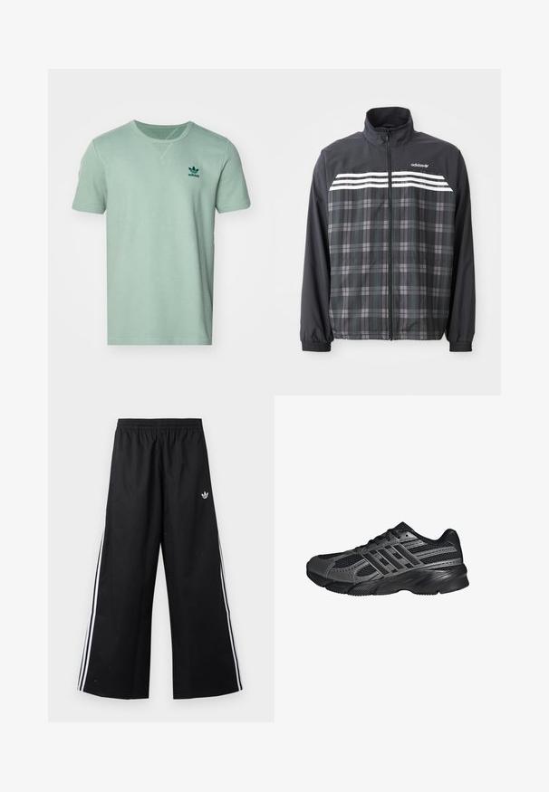 Čierno-sivá károvaná bunda na zips s bielymi pruhmi Adidas a logom na hrudi, elastickými manžetami a stojacím golierom.; Krátky rukáv, mätovo zelené tričko s textúrovaným vzorom, okrúhly výstrih a tmavozelené logo adidas na ľavej hrudi.; Čierne široké tréningové nohavice s elastickým pásom, bielymi bočnými pruhmi a malým logom Adidas trefoil na pravom boku.; Čierne športové topánky vyrobené z pletiva a syntetických materiálov, s textúrovaným povrchom, viacerými šedými pruhmi a polstrovaným golierom.