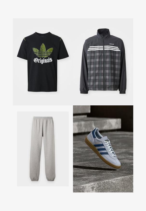 Čierno-sivá károvaná bunda na zips s bielymi pruhmi Adidas a logom na hrudi, elastickými manžetami a stojacím golierom.; Čierne bavlnené tričko s roztrhnutým zeleným grafickým dizajnom so tromi pruhmi a slovom "Originals" pod ním v bielej farbe, okrúhly výstrih, krátke rukávy.; Svetlosivé tepláky s elastickým pásom a manžetami, rovné nohavice, vyrobené z mäkkej látky.; Svetlomodrá teniska Adidas Spezial s námorníckymi modrými pruhmi a gumovou podrážkou, zobrazená vo vzduchu nad betónovými schodmi v neutrálnej vonkajšej scéne.