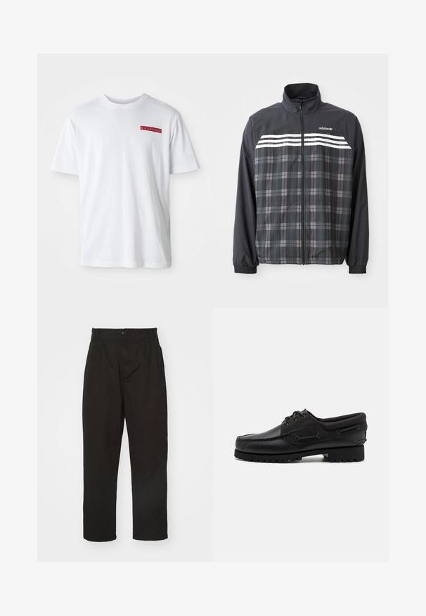 Čierno-sivá károvaná bunda na zips s bielymi pruhmi Adidas a logom na hrudi, elastickými manžetami a stojacím golierom.; Biely bavlnený tričko s okrúhlym výstrihom, krátkymi rukávmi a malým červeným grafickým detailom na ľavej strane hrudníka.; Čierne nohavice vyrobené z hladkej látky, s gombíkovým zapínaním, rovného strihu a s dvoma prednými záhybmi pre pridanie detailu.; Čierna obuv s koženým zvrškom, textilnými akcentmi, okrúhlymi šnúrkami a textúrovanou gumovou podrážkou. Obsahuje mokasínové šitie a detaily s brandingom.