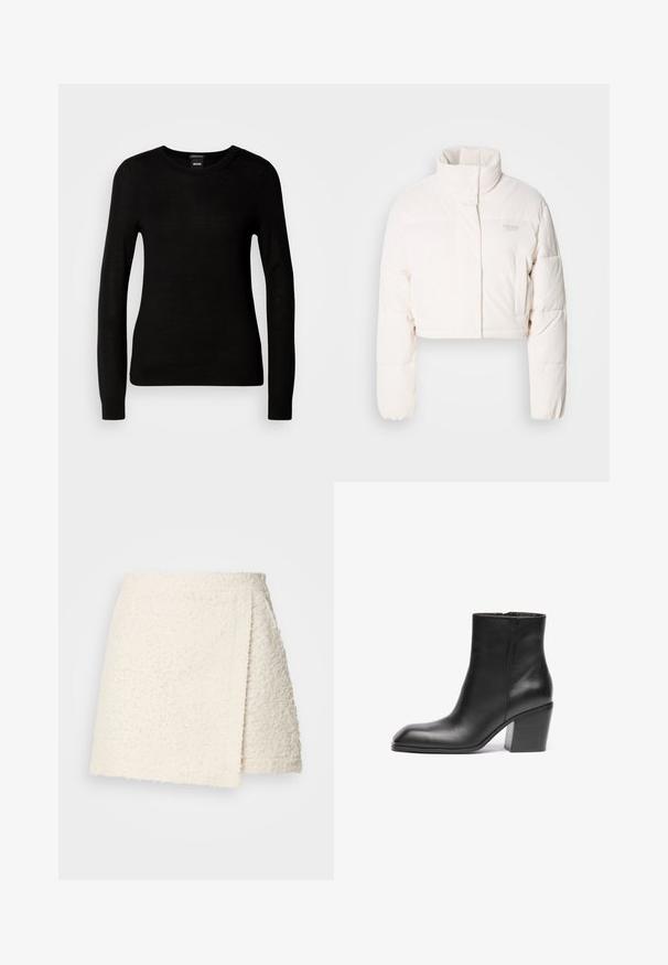 Lyhennetty, paksu takki off-white corduroysta. Ominaisuuksiin kuuluu korkea kaulus, painonapit ja hillitty logotekstitys rinnassa.; Musta neulepaita, joka on valmistettu hienosta neulemateriaalista, jossa on pyöreä pääntie ja pitkät hihat, joissa on tiukat hihansuut. Ei näkyviä kuvioita tai koristeita.; Kermanvärinen, teksturoitu kangasminihame, jossa epäsymmetrinen kietaisuelementti edessä ja suora vyötärönauha, yksivärisellä taustalla.; Musta nahkasaapas nilkkapituisena, jossa on neliön muotoinen kärki ja paksu lohipohja. Sujuva pinta ja minimalistinen muotoilu. Sivuvetoketju helppoa pukemista varten.