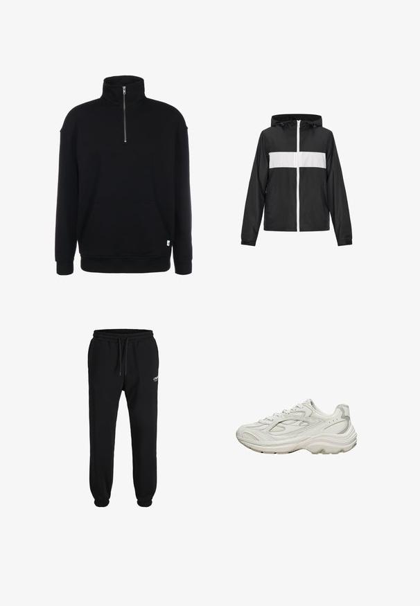 Schwarze Windjacke mit einem weißen horizontalen Streifen über der Brust, Frontreißverschluss und verstellbarem Kordelzugkapuze.; Schwarzer Sweatshirt mit Zip-Kragen, langen Ärmeln, weicher Textur, einer Fronttasche und einem kleinen grünen Logo am Saum.; Schwarze Jogginghose aus Baumwollmischung, mit elastischem Bund und Kordelzug, Bündchen am Saum und einem kleinen weißen Logodetail.; Weißer Sneaker mit strukturiertem Obermaterial und klobiger Sohle. Merkmale sind geschwungene Linien, dezente graue Akzente und ein Schnürdesign.