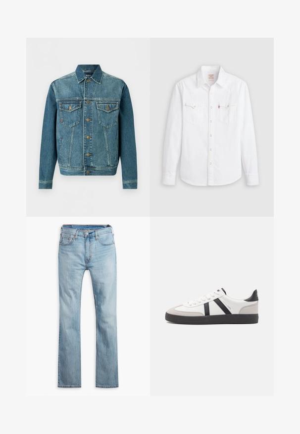 Blaue Jeansjacke zum Knöpfen mit zwei Brustklapptaschen und Seitentaschen, mit kontrastierenden Nähten und Metallknöpfen.; Weißes langärmeliges Hemd mit Knöpfen, spitzem Kragen, zwei Brusttaschen mit Klappen und Druckknöpfen an Vorderseite und Bündchen.; Hellblaue Jeans aus Denim, mit geradem Bein, fünf Taschen, kontrastierenden Nähten und einem Knopfverschluss am Bund.; Weiße Sneaker mit schwarz- und grau-aczenten, ausgestattet mit einer strukturierten grauen Zehenkappe, schwarzer Gummi-Sohle und flachen weißen Schnürsenkeln. Sauberes Design, minimalistische Stil.