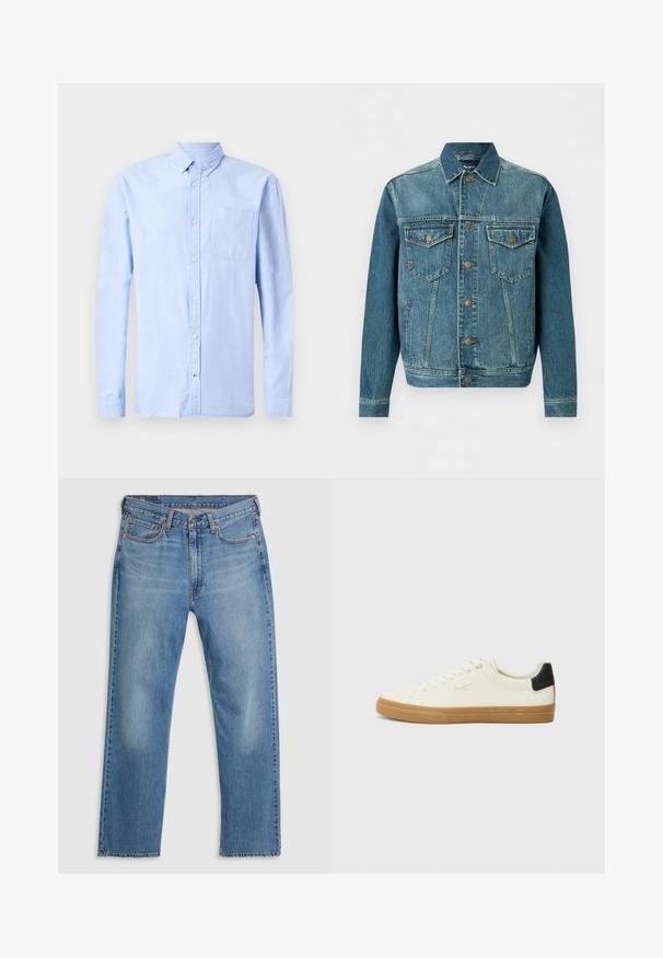 Blauwe spijkerjasje met knopen, twee borstflappen en zijzakken, met contrasterende stiksels en metalen knopen.; Lichtblauw langarm overhemd met knopen, gemaakt van zachte stof, met een button-down kraag en een enkele borstzak.; Blauwe straight-leg denim jeans met een sluiting van knoop en rits aan de voorkant, riemlussen en een vijf-pocketontwerp op een witte achtergrond.; Witte canvas sneaker met een gum rubberen zool, zwart accent op de hiel, ronde neus en vetersluiting. Bevat het merlogo in goud aan de zijkant.
