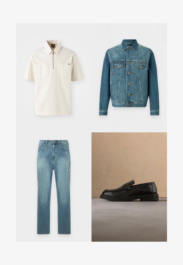 Veste en jean bleu à boutons, avec deux poches poitrine à rabat et des poches latérales, avec des surpiqûres contrastées et des boutons en métal.; Polo shirt crème à manches courtes avec un col zippé, présentant deux poches poitrine et un petit logo sur la poche gauche. Matière en mélange de coton.; Jean droit bleu clair avec imprimé léopard délavé sur les côtés, bouton à l'avant et conception classique à cinq poches.; Mocassin en cuir noir flottant au-dessus d'un tapis tissé beige avec une table ronde en bois et un canapé en arrière-plan.