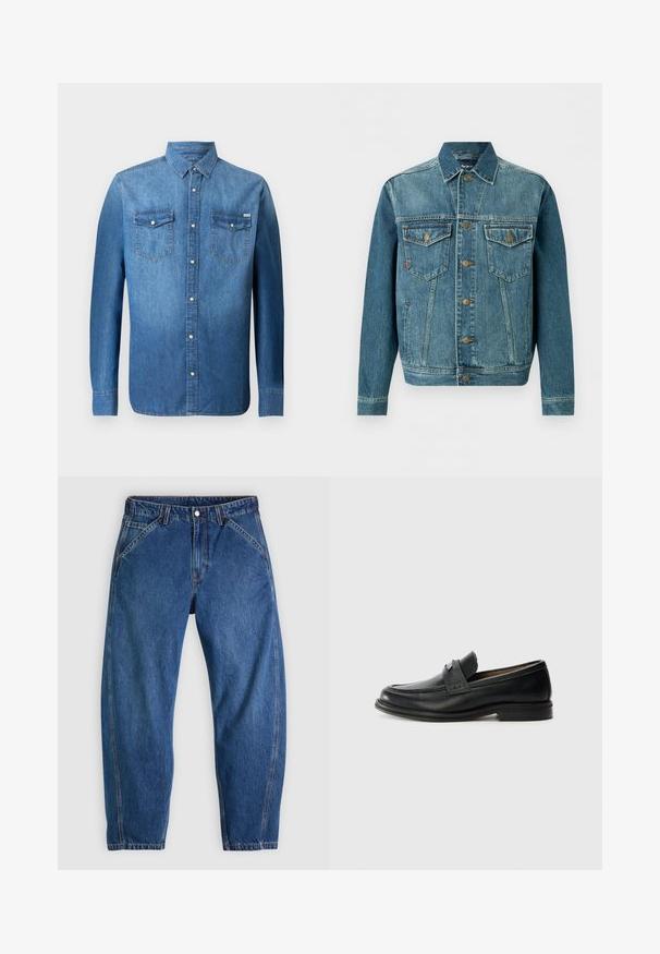 Veste en jean bleu à boutons, avec deux poches poitrine à rabat et des poches latérales, avec des surpiqûres contrastées et des boutons en métal.; Chemise en denim bleu moyen, avec des manches longues, une fermeture à boutons sur le devant, deux poches sur la poitrine et un col pointu classique.; Jean en denim bleu à coupe décontractée, doté d'une fermeture à boutons, de cinq poches et de surpiqûres orange contrastantes. Texture lisse sur toute la surface.; Mocassins en cuir noir avec une finition lisse, dotés d'une bande supérieure texturée, d'un talon bas et de détails de couture minimalistes.