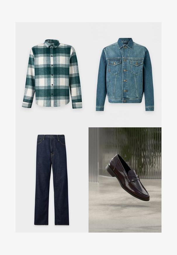 Veste en jean bleu à boutons, avec deux poches poitrine à rabat et des poches latérales, avec des surpiqûres contrastées et des boutons en métal.; Chemise à manches longues à carreaux verts et blancs avec col et poignets, présentée sur un fond uni.; Jean en denim bleu foncé à coupe droite avec cinq poches et surpiqûres jaunes visibles sur un fond blanc uni.; Mocassins en cuir marron à finition brillante, avec une couture surélevée et un petit détail découpé à l'avant, ainsi qu'une semelle basse noire.