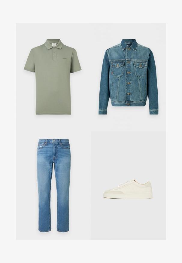 Veste en jean bleu à boutons, avec deux poches poitrine à rabat et des poches latérales, avec des surpiqûres contrastées et des boutons en métal.; Polo vert olive à manches courtes avec trois boutons et petit logo Calvin Klein sur le côté gauche de la poitrine.; Jean en denim bleu clair avec une coupe droite, une taille mi-haute et des détails de décoloration subtils sur le tissu. Design classique à cinq poches.; Baskets en daim blanc à finition lisse, embout rond, design lacé plat, avec des accents texturés contrastants. Comprend un détail de logo subtil.