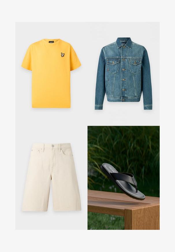 Veste en jean bleu à boutons, avec deux poches poitrine à rabat et des poches latérales, avec des surpiqûres contrastées et des boutons en métal.; T-shirt jaune à manches courtes avec col rond et petit logo d'oiseau noir et blanc sur le côté gauche de la poitrine.; Short en jean écru mi-longueur avec bouton avant, fermeture éclair, passants pour ceinture et design à cinq poches sur fond blanc.; Sandale tongs noire à bride texturée flottant au-dessus d'un banc en bois, avec un feuillage vert flou en arrière-plan.