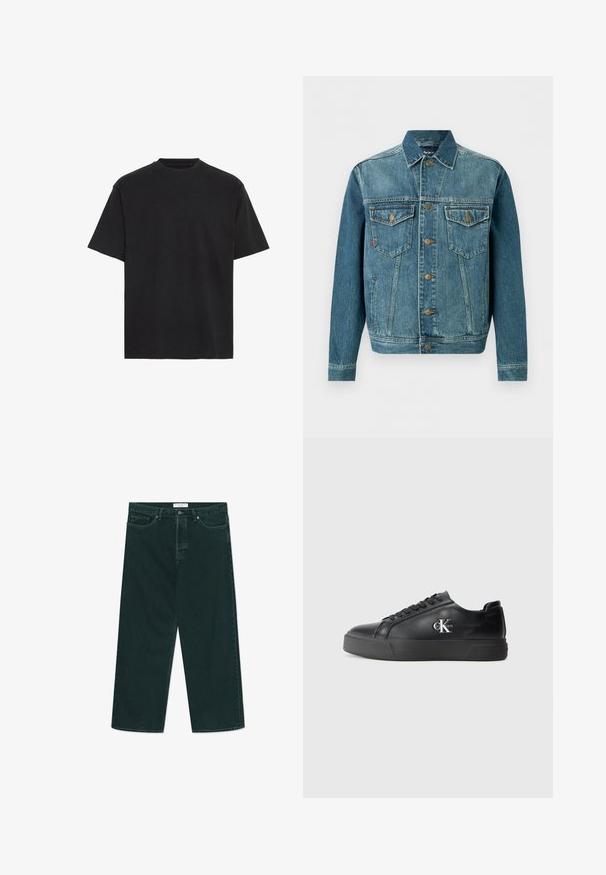 Veste en jean bleu à boutons, avec deux poches poitrine à rabat et des poches latérales, avec des surpiqûres contrastées et des boutons en métal.; T-shirt en coton noir, manches courtes, col rond, léger, coupe ample, texture lisse, sans motifs ni accents visibles.; Jeans en denim vert foncé à jambes larges avec fermeture à bouton et à zip, poches avant et passants de ceinture, posés à plat sur un fond blanc.; Baskets en cuir noir avec un bout arrondi, semelle plate noire et lacets ton sur ton. Présente un logo argenté sur le côté, texture lisse sur l'ensemble.