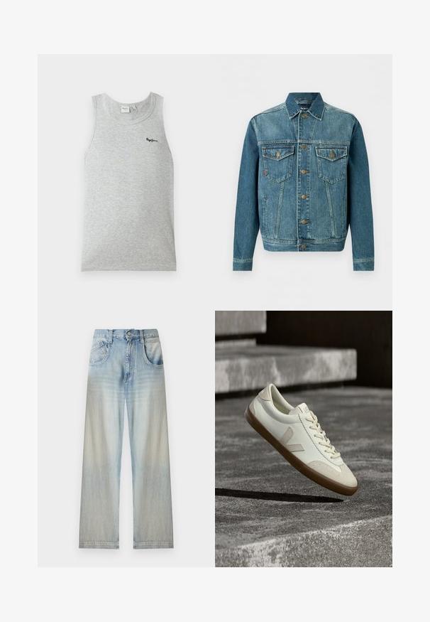 Veste en jean bleu à boutons, avec deux poches poitrine à rabat et des poches latérales, avec des surpiqûres contrastées et des boutons en métal.; Débardeur côtelé gris clair sans manches avec encolure ronde et petit logo noir "Pepe Jeans" sur la partie supérieure gauche de la poitrine.; Jean denim bleu clair à jambes larges avec poches avant, fermeture par bouton et décoloration aux cuisses et aux bas des jambes.; Baskets en cuir blanc avec semelle en caoutchouc beige, lacets plats et accent en forme de V sur le côté. Présentent une surface lisse et peu de détails de couture.