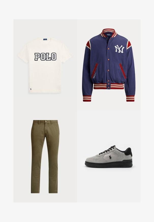 Sinine varsity jakk punaste ja valgete triibuliste varrukakleitmete ja kraega, punase taskuäärise ning valge NY logoga rinnal.; Valge puuvillane T-särk, millel on rinnal suured tumesinised tähed "POLO" ja väikene tumesinine logo äärel. Klassikaline ümar kaelus.; Polo Ralph Lauren BEDFORD STRETCH SLIM FIT CHINO PANT - Chino-püksid - canopy olive; Halli sisejalatsid mustade aktsentidega, millel on tekstuuriga kangas külgpaneel, ümar nina ja must kummikreen. Logo on tikandina külje peal.