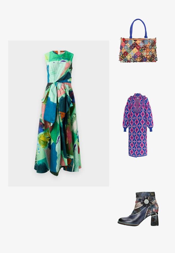 Lange gebreide buitencoat in blauw, roze en wit met geometrische patronen, een franjerand bij de halslijn en geribde mouwen. Open voorzijde ontwerp.; Kleurvolle mouwloze jurk met een mix van groene, roze en blauwe abstracte patronen, een gestrikte tailleband en vloeiende stof.; Enkellaars met een glanzende donkerblauwe leren neus en een bovenkant van bloemenpatroonstof, met een decoratieve bloem en een gestructureerde blokhak.; Kleurrijke patchwork handtas met blauwe handvatten, versierd met meerkleurige leren bloemapplicaties op een witte achtergrond.
