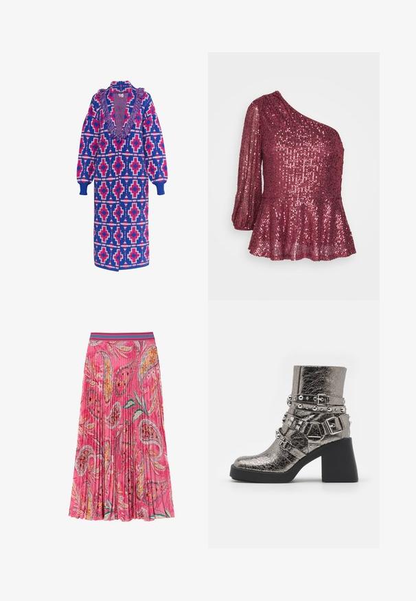 Lang strikket overtøj i blå, pink og hvid med geometriske mønstre, en frynset halsudskæring og ribbede manchetter. Åben frontdesign.; JDY JDYCARMEN ONE SHOULDER GLITTER - Top - apple butter; Lyserød plisseret nederdel med blomster- og paisleymønstre, med en kontrasterende turkise stribet talje. Lavet af letvægtsstof.; Metallic sølv ankelsko med flere sorte stropper, sølvnitter og en kraftig sort hæl. Struktureret overflade med en blank finish.