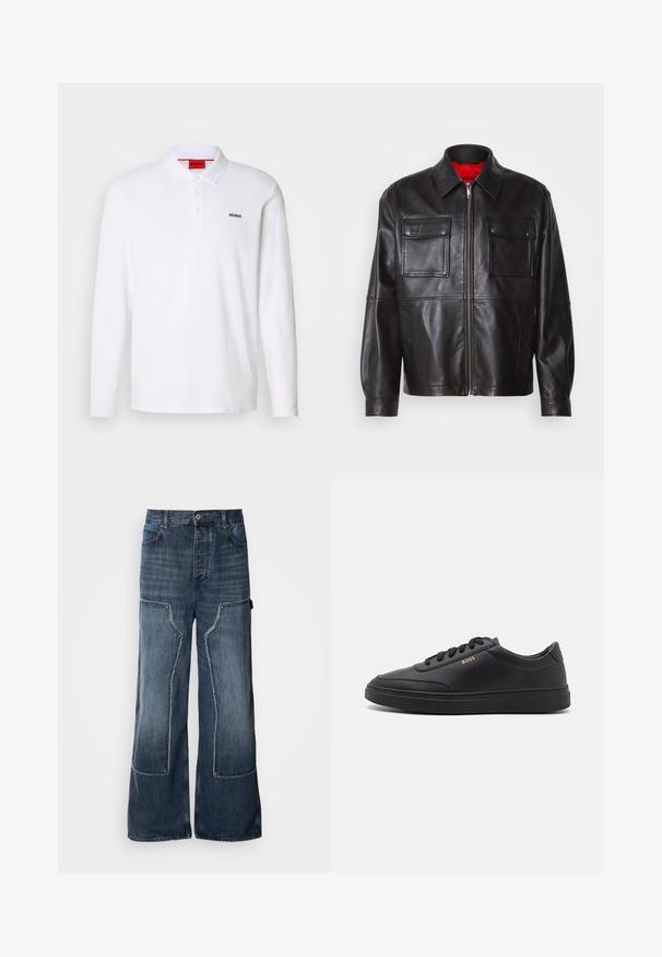 Zwarte leren jas met een rits aan de voorkant, twee borstzakken en een rode binnenvoering. Heeft een klassieke kraag en een relaxte pasvorm.; Witte lange mouwen polo-shirt gemaakt van katoen, met een kraag, een drie-knops sluiting en een zwart "HUGO" logo op de linkerborst.; Zittende blauwe spijkerbroeken met wijde pijpen, met patchworkdetails, contrasterende stiksels, grote zijzakken en een knoopsluiting.; Zwarte leren sneakers met een gladde textuur, ronde neus, platte rubberen zool en tonale veters. Kenmerkt zich door de gouden "BOSS" branding aan de zijkant.