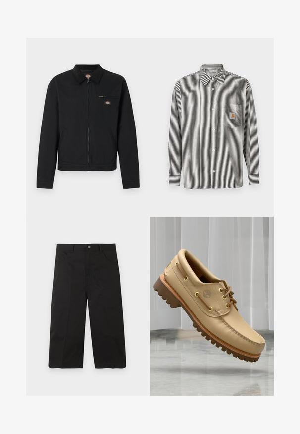 Veste noire zippée avec col, poche poitrine zippée, poches latérales, et petit logo coloré sur la poitrine et le col.; Chemise à manches longues à rayures verticales noires et blanches avec un col boutonné. Elle possède une poche poitrine avec un patch logo beige.; Shorts noirs mi-cuisse avec poches avant, passants pour ceinture et fermeture par bouton sur un fond uni.; Chaussure bateau en cuir marron clair avec semelle épaisse et striée et détails de lacets, flottant au-dessus d'un sol en marbre et d'un fond de stores verticaux blancs.