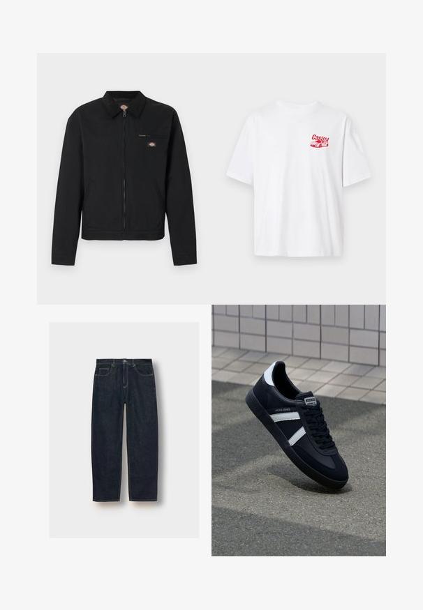 Sort lynlåstrøje med krave, lynlåslomme på brystet, sidelommer og lille farverigt logo på brystet og kraven.; Hvid T-shirt med korte ærmer og en lille rød grafik af en racerbils og ordet "Castrol" på venstre bryst.; Mørkeblå denim jeans med løs pasform, fem lommer og kontrastsyninger. Har en knap- og lynlåsclosure. Glat tekstur.; Sort lædersneaker med hvide striber, tekstureret gummisål og snørrebånd foran. Har et brandet mærke på tungen.