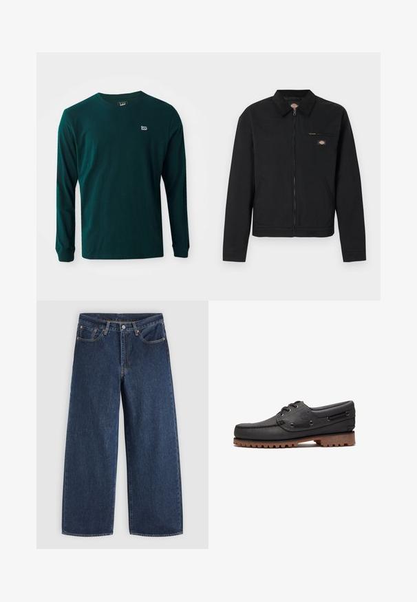 Zwarte jas met ritssluiting en kraag, borstzak met rits, zijzakken en klein kleurrijk logo op borst en kraag.; Donkergroene katoenen T-shirt met lange mouwen, een ronde hals en een klein wit logo op de linkerkant van de borst. Gladde textuur, casual fit.; Donkerblauwe wijde denim jeans met voorzakken, knoopsluiting en riemlussen, plat gelegd op een lichte achtergrond.; Zwart leren bootschoen met veters, ronde neus, gestructureerde bruine rubberen zool en gestikte leren zijkanten.