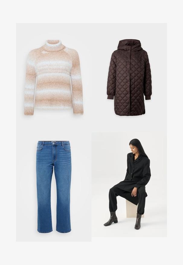 Veste longue matelassée marron foncé avec capuche, fermeture devant à boutons-pression, et poignets élastiques sur les manches sur un fond uni.; ONLY Carmakoma CARDITTE ROLLNECK - Pullover - cloud blue/tobacco brown; Jean en denim bleu avec une coupe droite, présentant une fermeture à bouton, un design classique à cinq poches et une texture légèrement décolorée au niveau des cuisses.; Femme aux longs cheveux foncés assise, portant un blazer noir ample, un pantalon large assorti et des bottines foncées, sur un fond blanc uni.
