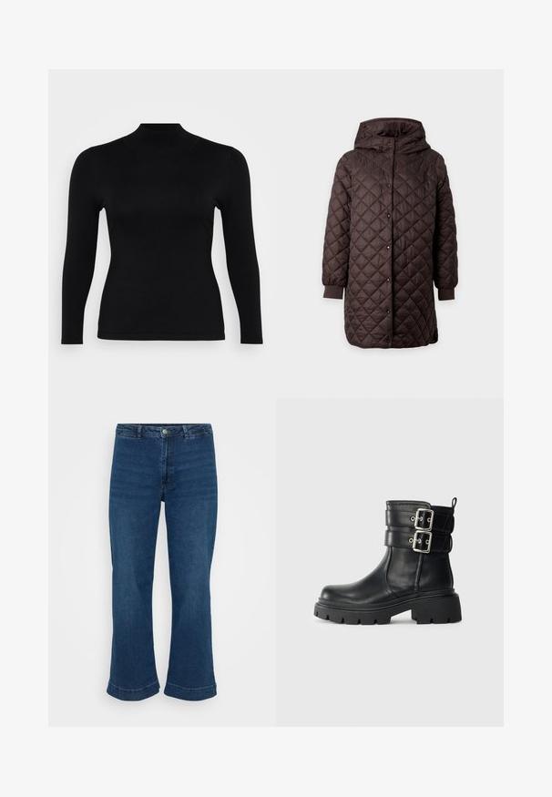 Mørkebrun quiltet lang jakke med hætte, trykknapslukning foran og elastiske ærmegab mod en ensfarvet baggrund.; Sort langærmet turtleneck top lavet af blødt, glat stof. Slim fit med høj hals og lige kant, præget af minimale sømme og uden mønstre.; Højtaljede blå jeans med lige ben og bred kant, lavet af denim. Har et klassisk fem-lomme design og lukning med metalknap.; Sort læder ankelstøvle med kraftig sål og to sølvfarvede spænder på siden, isoleret på en lys baggrund.