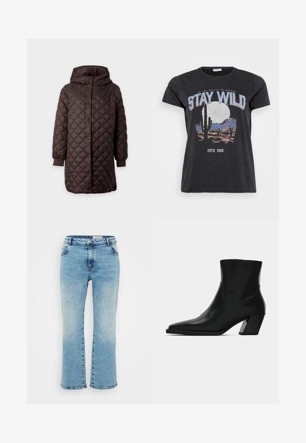 Chaqueta larga acolchada de color marrón oscuro con capucha, cierre frontal con botones a presión y puños elásticos en las mangas sobre un fondo liso.; Camiseta de algodón negra con un estampado gráfico de una escena del desierto con cactus, una luna y la frase "MANTENTE SALVAJE" en letras azules.; Vaqueros de mezclilla azul claro con corte recto, que cuentan con un cierre de botón, cinco bolsillos y un ligero desgaste en las rodillas.; Bota de tobillo de cuero negro con punta afilada, una silueta elegante y un tacón cuadrado grueso. Textura suave con detalles de costura mínimos.