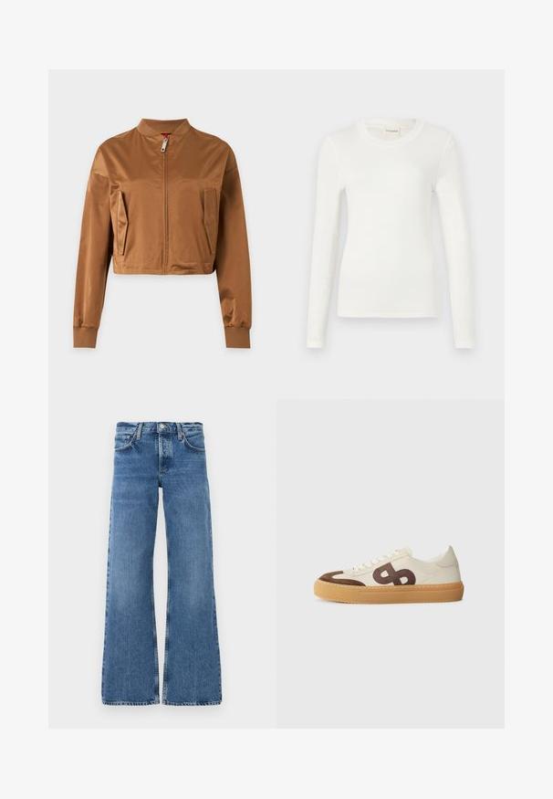 Brun cropped jakke med frontlynlås, to sidelommer, ribbet krave og ribbet manchetter på lange ærmer.; Langærmet hvid t-shirt lavet af blødt stof, med rund halsudskæring og et tætsiddende snit. Minimalistisk design uden mønstre eller accenter.; Bredde ben jeans i blå denim med en falmet vask, frontlommer, en knaplukning og slidte kanter ved benene.; Sko med en overdel i cremefarvet kanvas, brune suedelogoer, et stort stiliseret logo og en beige gummisål med tekstureret greb.