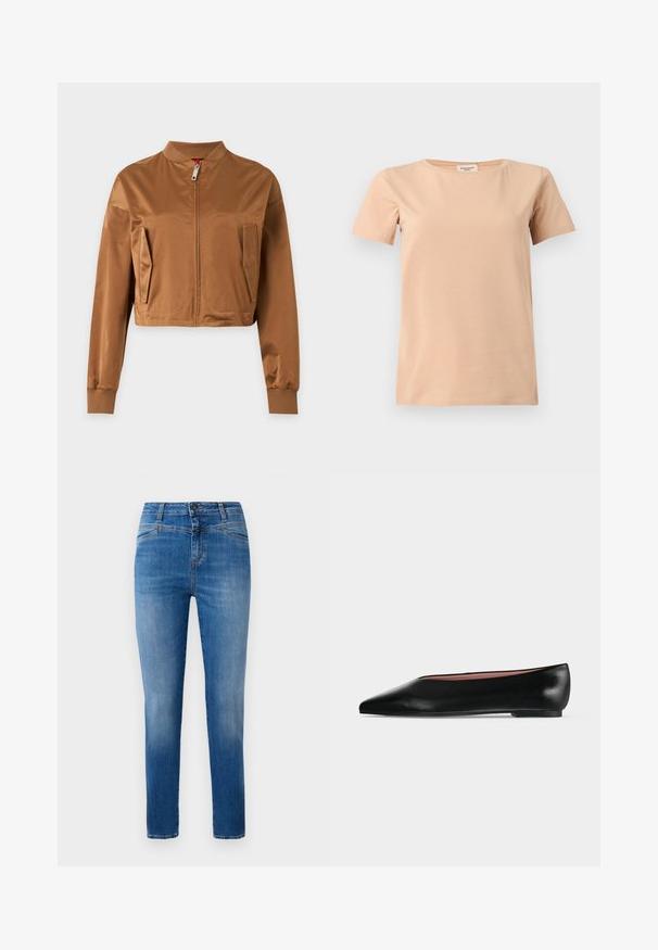 Bruine cropped jas met rits aan de voorkant, twee zijzakken, geribde kraag en geribde boorden aan de lange mouwen.; Beige T-shirt met korte mouwen, ronde hals en rechte zoom op een effen lichtgrijze achtergrond.; Klassieke blauwe denim jeans met een rechte pijp, ontworpen met een middelhoge taille, voorzakken en oranje stiksels.; Zwarte leren damesschoen met platte zool, puntige neus en lage hak, zijwaarts afgebeeld tegen een effen lichtgrijze achtergrond.