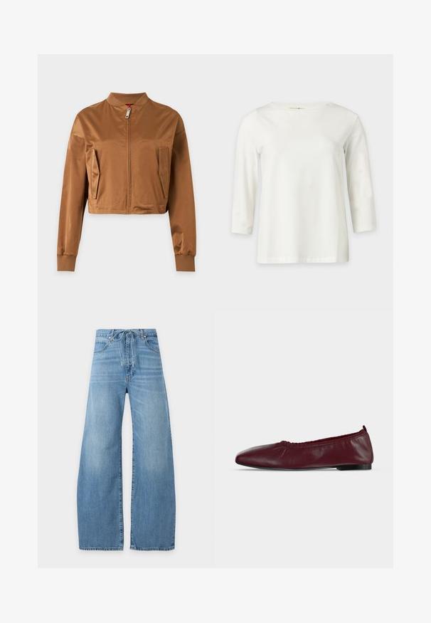 Braune kurze Jacke mit Frontreißverschluss, zwei Seitentaschen, geripptem Kragen und gerippten Bündchen an langen Ärmeln.; Weißes Langarmshirt mit rundem Ausschnitt, auf einem schlichten hellen Hintergrund präsentiert.; Hellblaue, weit geschnittene Jeans mit Kordelzugbund und vorderen Taschen auf weißem Hintergrund.; Bordeauxrote Ballerina aus Leder mit gerafftem elastischem oberen Rand und dünner schwarzer Sohle auf weißem Hintergrund.