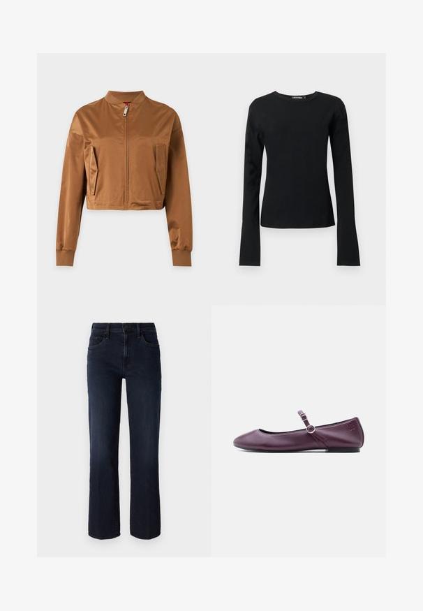 Bruine cropped jas met rits aan de voorkant, twee zijzakken, geribde kraag en geribde boorden aan de lange mouwen.; Zwart aansluitend shirt met lange mouwen en ronde hals, rechte zoom en gladde stof, getoond tegen een effen lichte achtergrond.; Mother THE MID RISE RAMBLER - Straight leg jeans - dunkelblau; Bourgondische leren Mary Jane platte schoen met een afgeronde neus, dubbele gespsluiting en een klein logo reliëf aan de hielzijde.