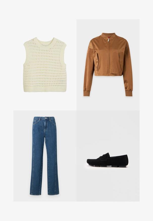 Brun cropped jakke med frontlynlås, to sidelommer, ribbet krave og ribbet manchetter på lange ærmer.; Ærmeløs strikket tanktop i creme, med et struktureret åbent vævemønster samt ribbede kanter ved hals og bund.; Blå denimjeans med en afslappet pasform, der har høj talje, fem lommer og kontrasterende syninger. Stofoverfladen har en glat tekstur.; Sort ruskind loafer med gummisål, med syede detaljer og et dekorativt bånd over det øverste for ekstra tekstur.