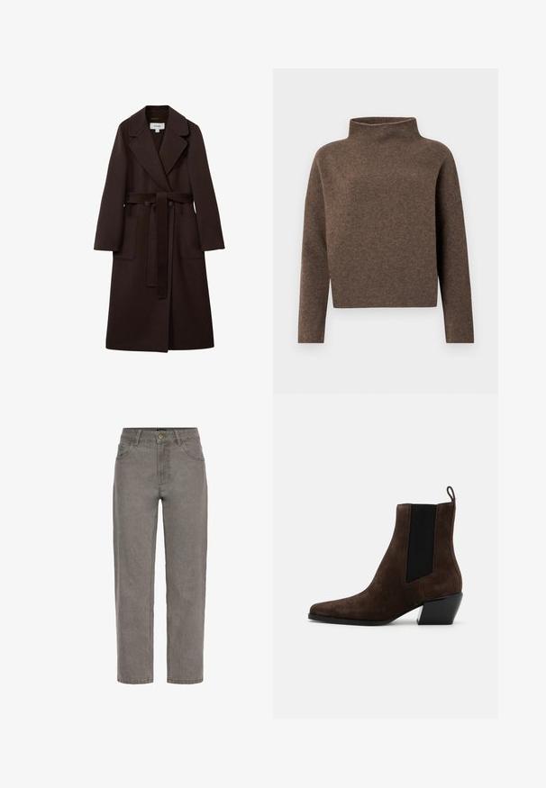 Reiss FIT - LUCIA DOUBLE BREASTED BLINDSEAM - Klasický kabát - chocolate; Hnedý, skrátený sveter s vysokým, prehnutým golierom, dlhými rukávmi a mäkkou, textúrovanou tkaninou. Minimalistický dizajn bez viditeľného hardvéru.; Rovno strihané sivé riflové nohavice s gombíkom a zipsom, prednými a zadnými vreckami a pútkami na opasok.; rag & bone JONI CHELSEA - Klasické členkové čižmy - dark brown