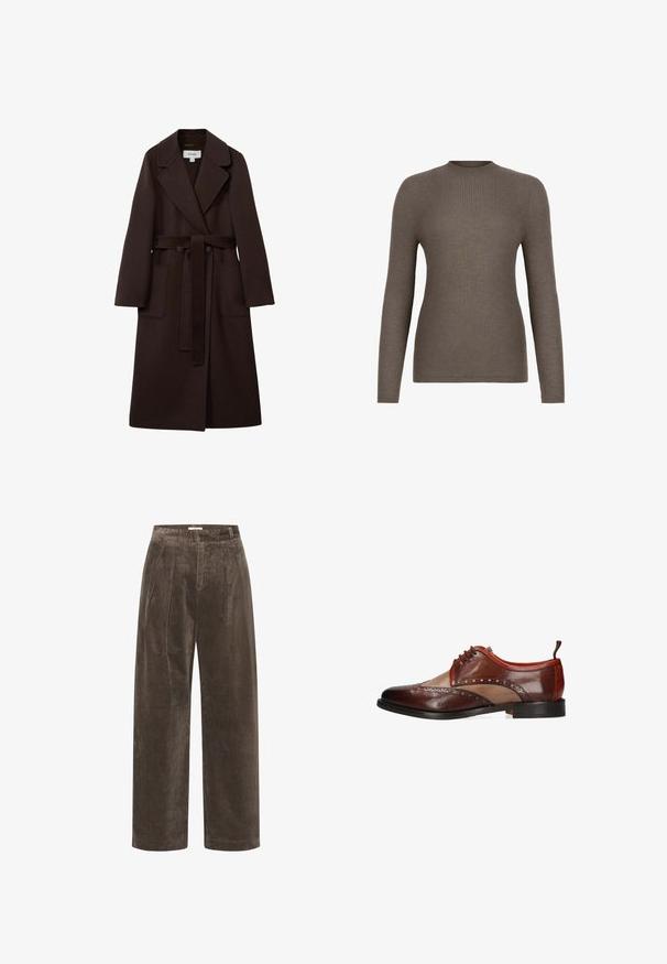Reiss FIT - LUCIA DOUBLE BREASTED BLINDSEAM - Klassisk frakke - chocolate; Brun ribstrikket langærmet sweater med rund hals, tætsiddende silhuet og sømløs kant mod en hvid baggrund.; Brune corduroy brede benbukser med folder, der har en blød tekstur og en mellemhøj talje. Kantafslutningerne er rene og lige.; Brun tofarvet herresko i læder med brogue-detaljer, snørelukning og sort sål, vist fra siden på hvid baggrund.