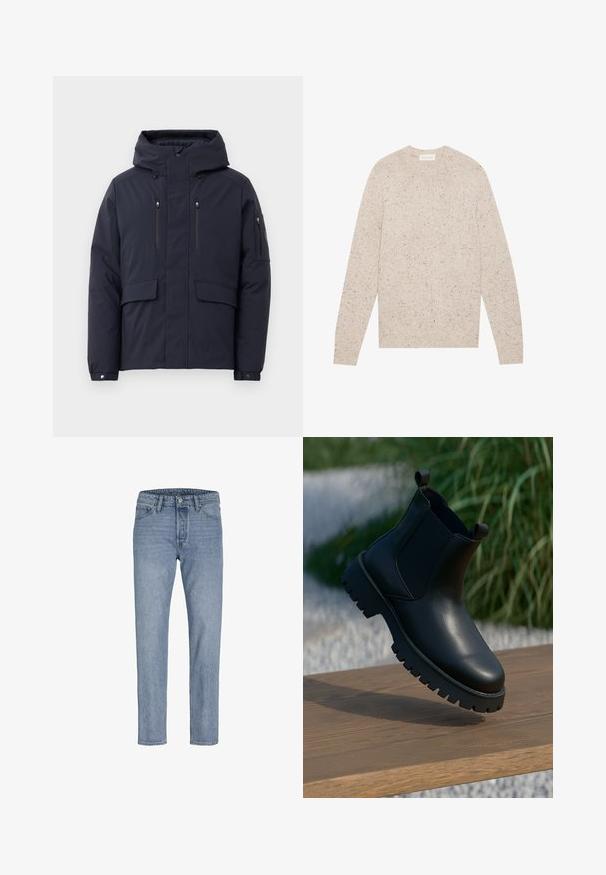 Mørkeblå, isoleret vinterjakke med hætte, to lynlåslommer på brystet og store frontlommer. Glat tekstur og justerbare manchetter.; Lys beige strikket sweater med rund halsudskæring, lange ærmer og spraglet tekstur. Ribstrikkede manchetter og kant giver subtile accenter.; Lysblå denimbukser med lige ben, fem lomme-design, syninger og knaplukning i taljen.; Sorte læder ankelstøvler med elastiske sidepaneler, rund tå og kraftig sål, vist på en træoverflade.