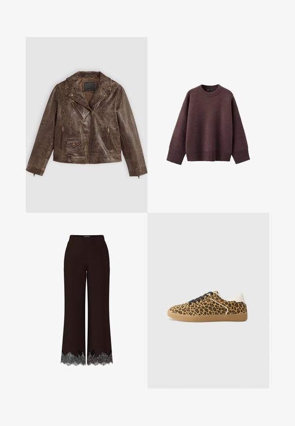 Veste de moto en cuir marron avec une finition texturée, dotée d'une fermeture éclair décalée, de plusieurs poches zippées et de détails à boutons-pression.; Pull ample de couleur bordeaux foncé, en tissu tricoté doux. Il présente un col rond côtelé, de larges manches et un ourlet côtelé.; Pantalons larges noirs à taille haute avec un délicat contour en dentelle noire le long de l'ourlet.; ONLY SHOES ONLSIBU - Baskets basses - brown/black