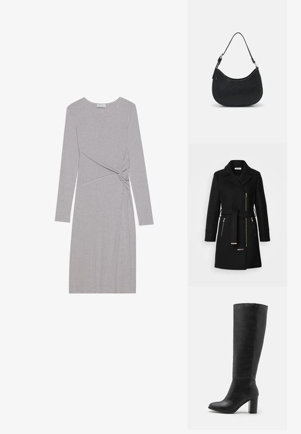 Zwarte wollen mix jas met een notch-kraag, verstelbare riem en zijritsen. Getextureerde stof met accenten in goudkleurig metaal.; Grijze ribgebreide jurk met lange mouwen en een geknoopte design bij de taille, voorzien van een ronde halslijn en een getailleerde pasvorm.; Zwarte laarzen tot de knie van soepel leer, met een dikke hak en een ronde neus. Minimalistisch ontwerp zonder zichtbare hardware of versieringen.; Zwarte hobo tas van soepel leer met een gebogen silhouet, voorzien van een enkele verstelbare schouderriem en minimalistische ontwerpdetails.